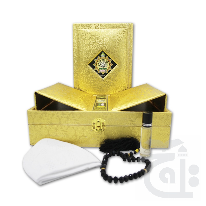 Al Quran Al Hakeem Gold Edge With Beatiful  Gift in Golden Box-Rahel (Tasbih - Prayer Cap - Ittar )