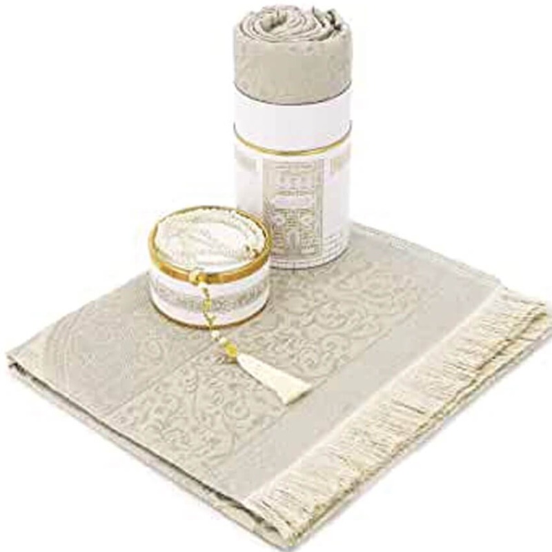 Yase Crafts Muslim Prayer Rug - Elegant Design Gift Box - Prayer Mat for Men Women, Turkish Design, Portable Prayer Mat, Islamic Ramadan Gifts Set, Janamaz Sajadah - Prayer Beads (White)
